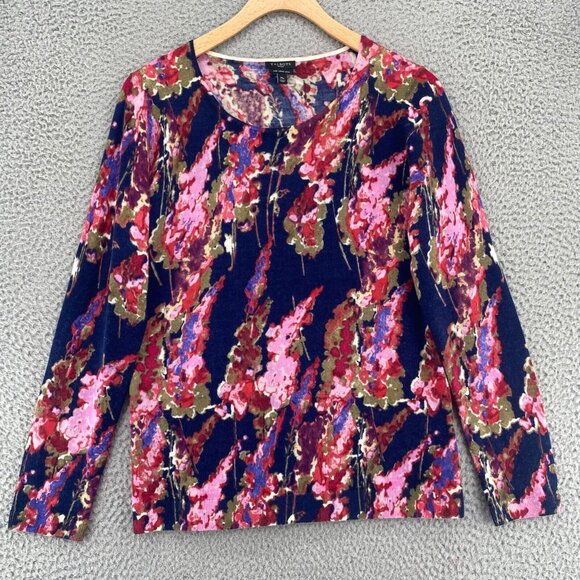 Talbots Sweater Womens Medium Petite Navy Multi Floral Merino Wool Knit Pullover - Picture 1 of 9